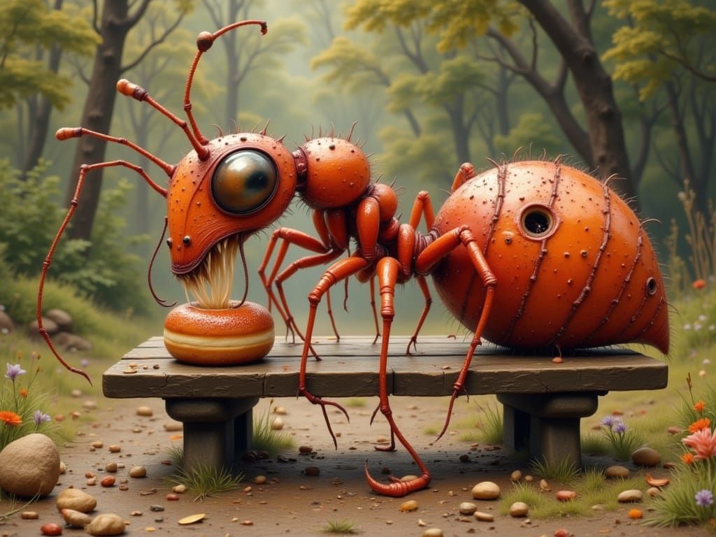 Large red ant eating a donut