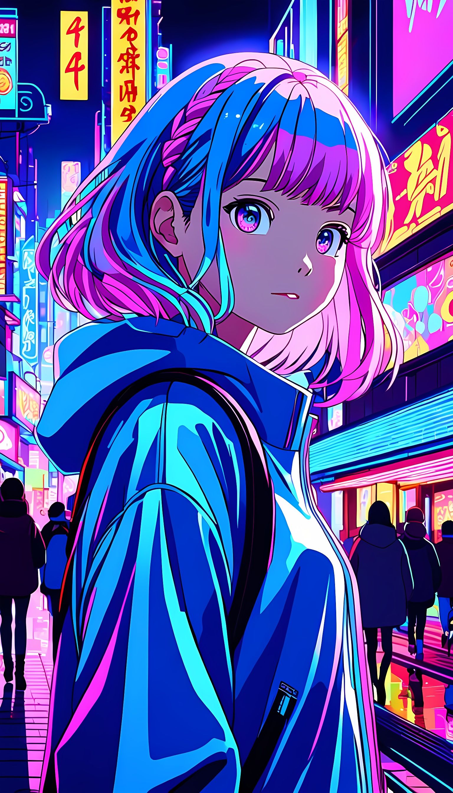 Anime Woman in City Nightlife with Neon Lights