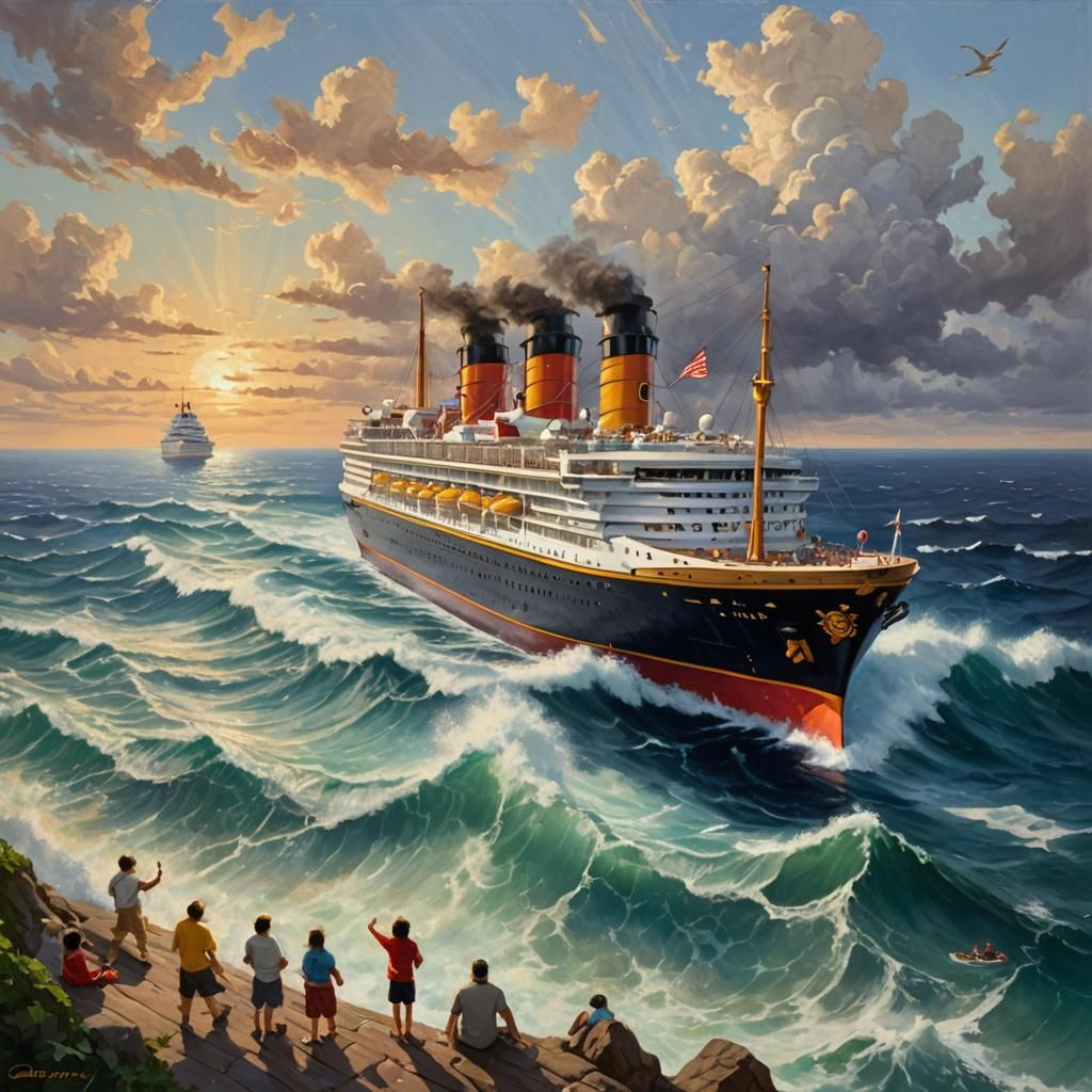 A Disney cruise ship on the ocean and see if it does it cuz it might not do it cuz it's Disney