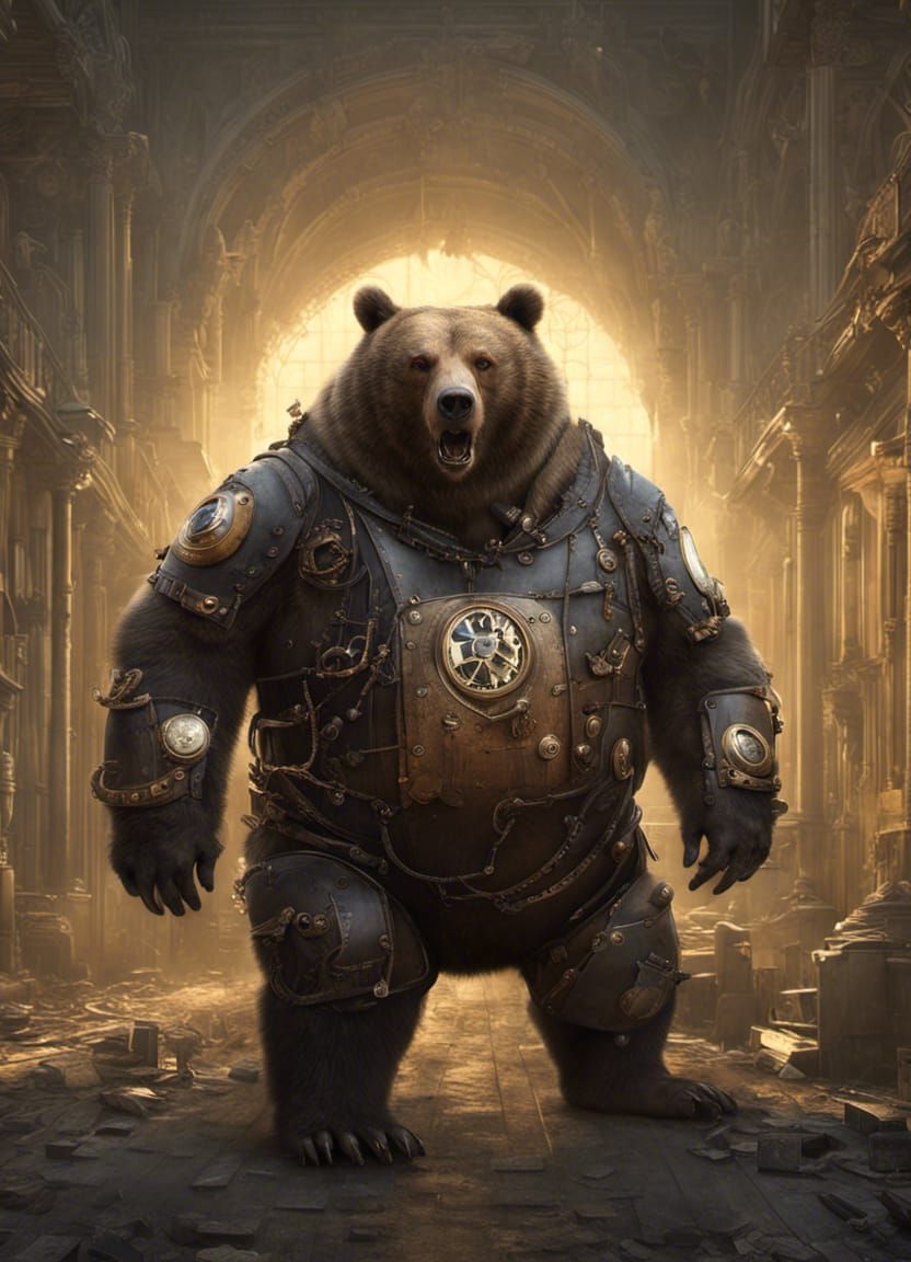 Steampunk Grizzly Bear in Dark Fantasy Art