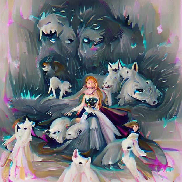 Princess Surrounded by Wolves in Dark Forest