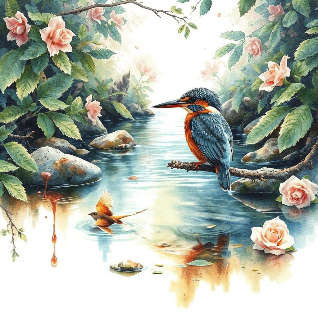 Ethereal Kingfisher Amidst Delicate Foliage in Watercolour S...