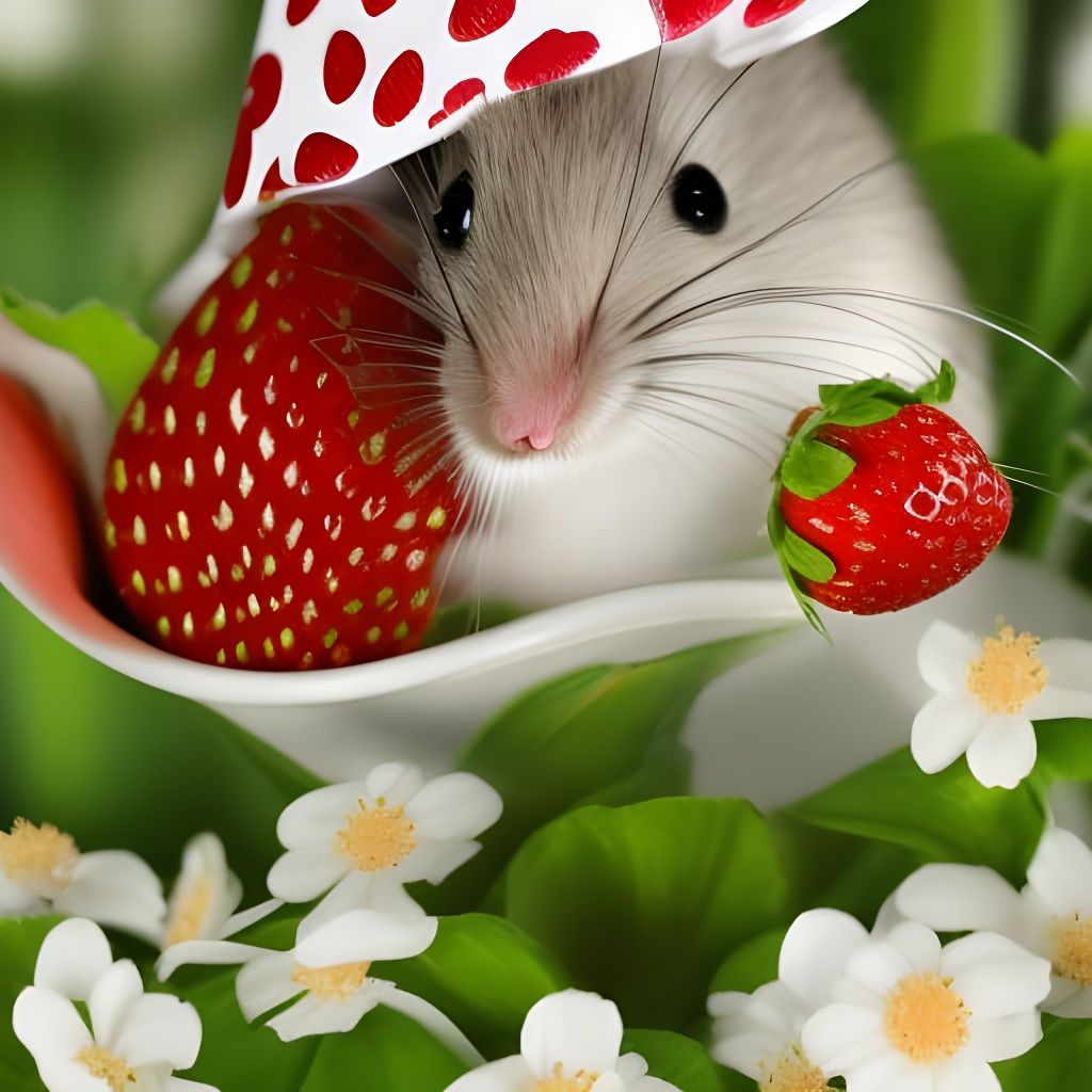 Cute Mouse in Strawberry Dress with Botanical Art