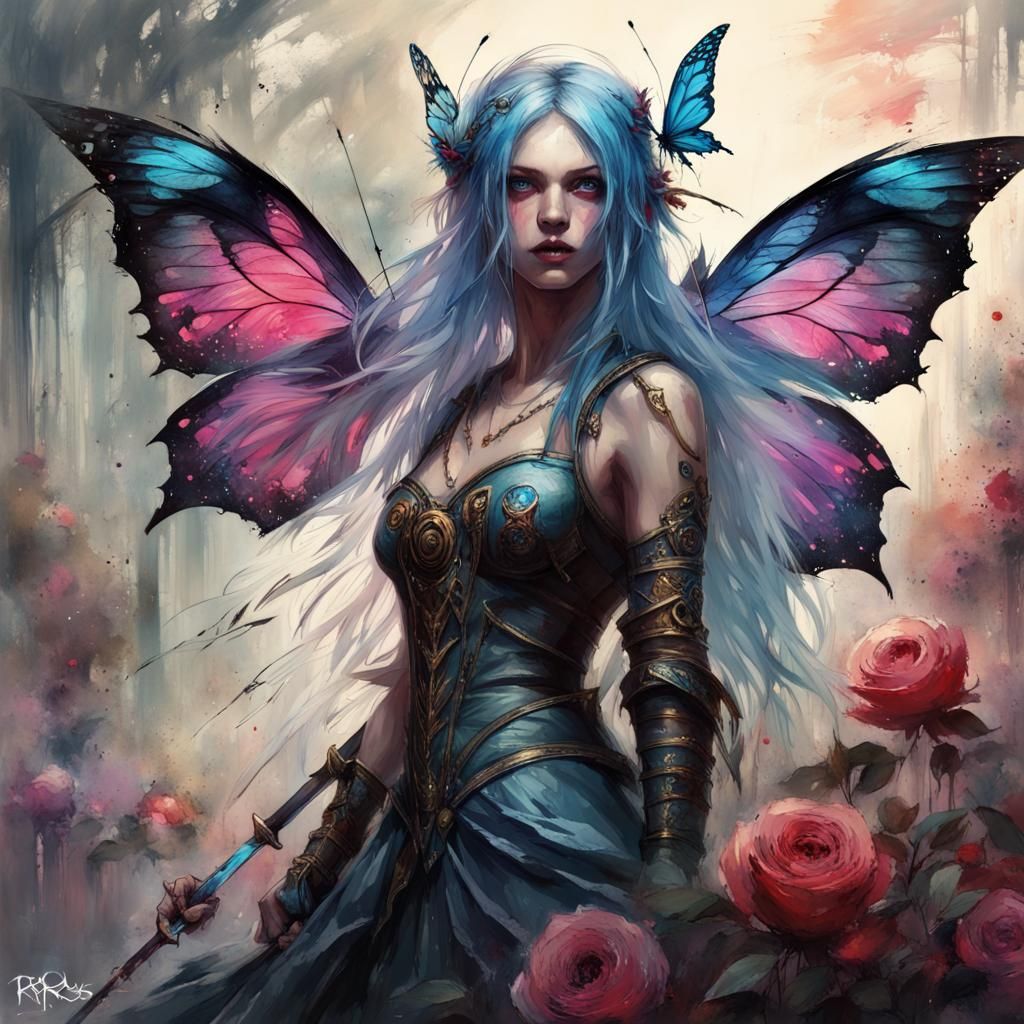 Gothic Fairy Queen with Sword, Impasto Gouache Art