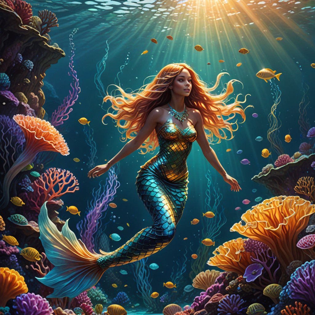 Vibrant Underwater Scene with Mermaid in a Magical Reef