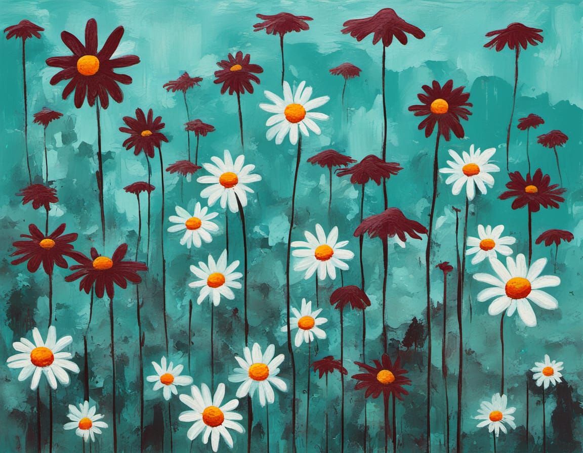Surreal Pop Art Painting of a Daisy Bush in Spring Rain