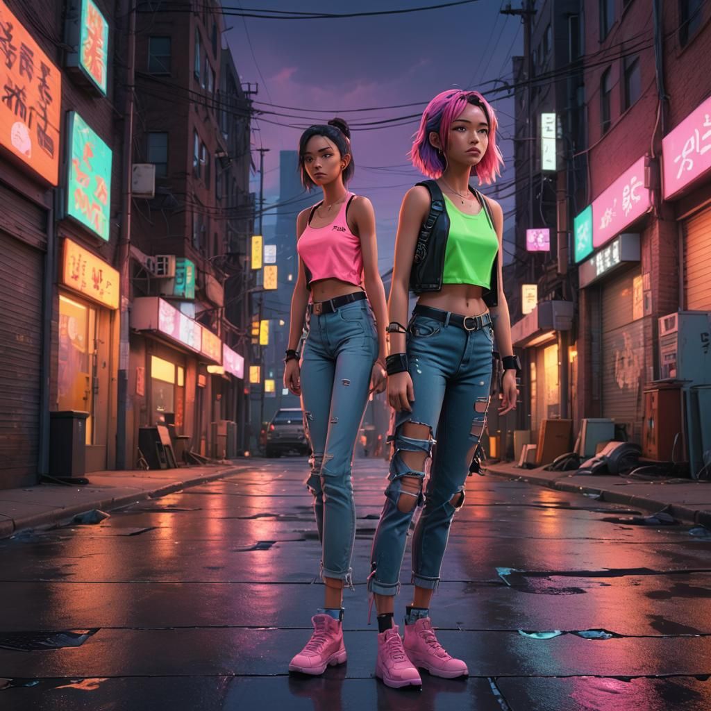 Confident Teen in Neon Alleyway: Realistic Anime Art