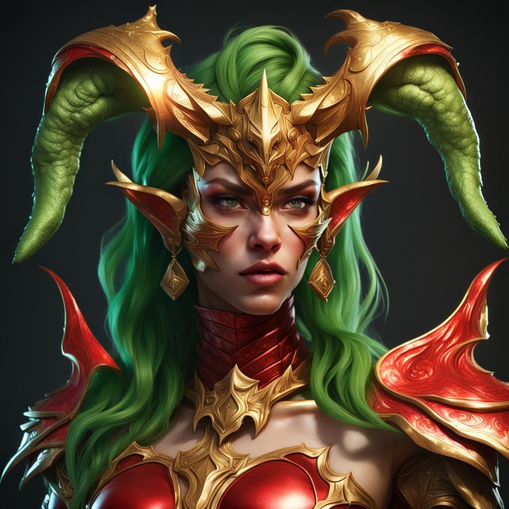 Armored Green Muppet Demon Portrait in Art Nouveau Style