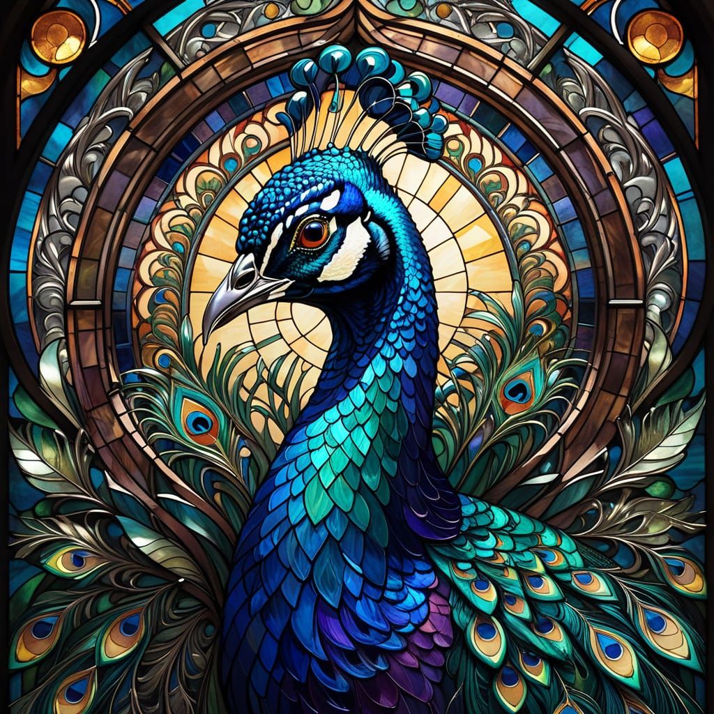 Gothic Peacock Stained Glass Portrait in Jewel Tones