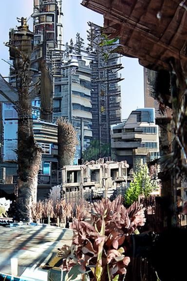 Brutalist Ministry in Overgrown Dystopian City