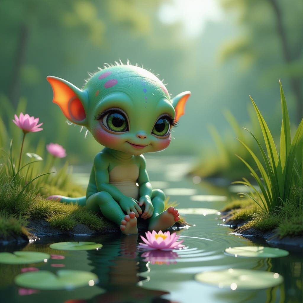 Happy Alien Child Explores Water Flower on Serene Lake