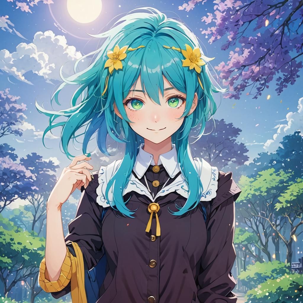 Anime Girl with Blue Hair Digital Painting