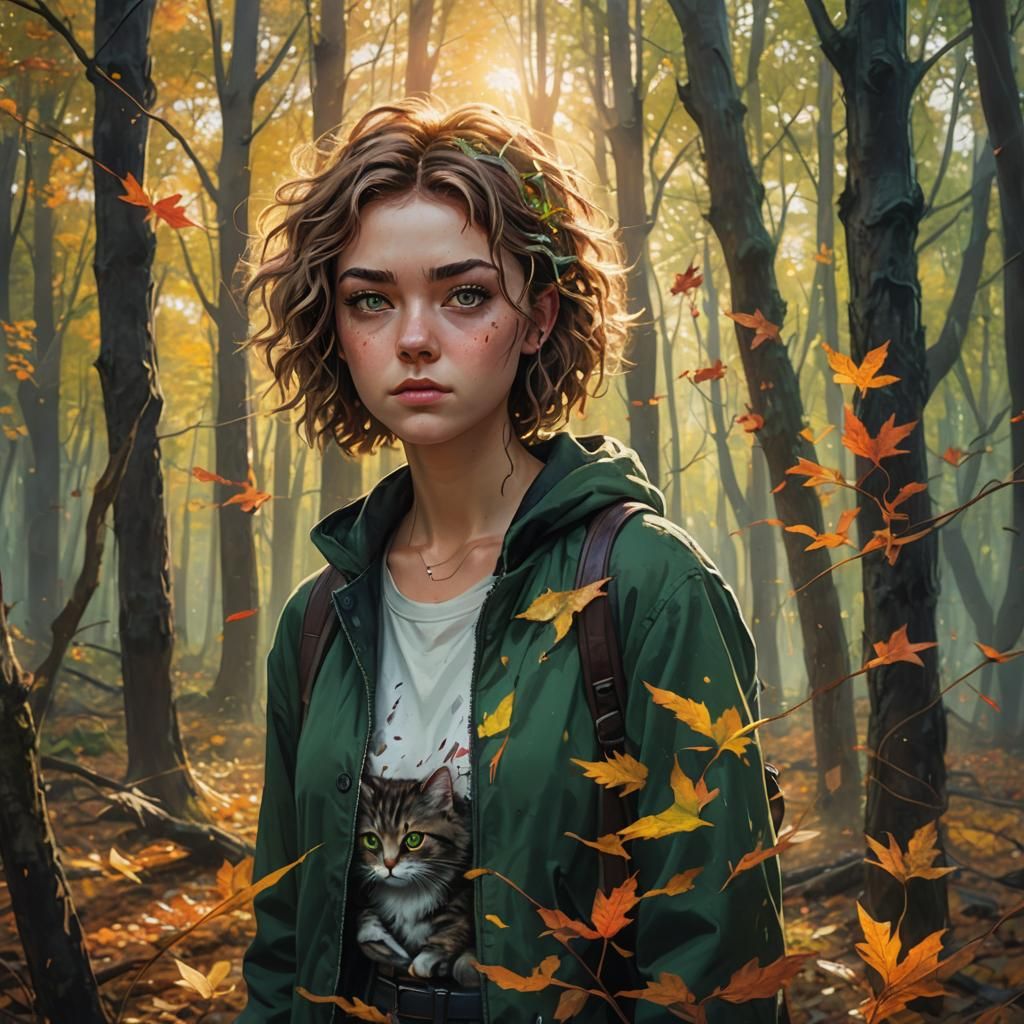 teenage evil girl with highlighted messy short wavy hair, gr...