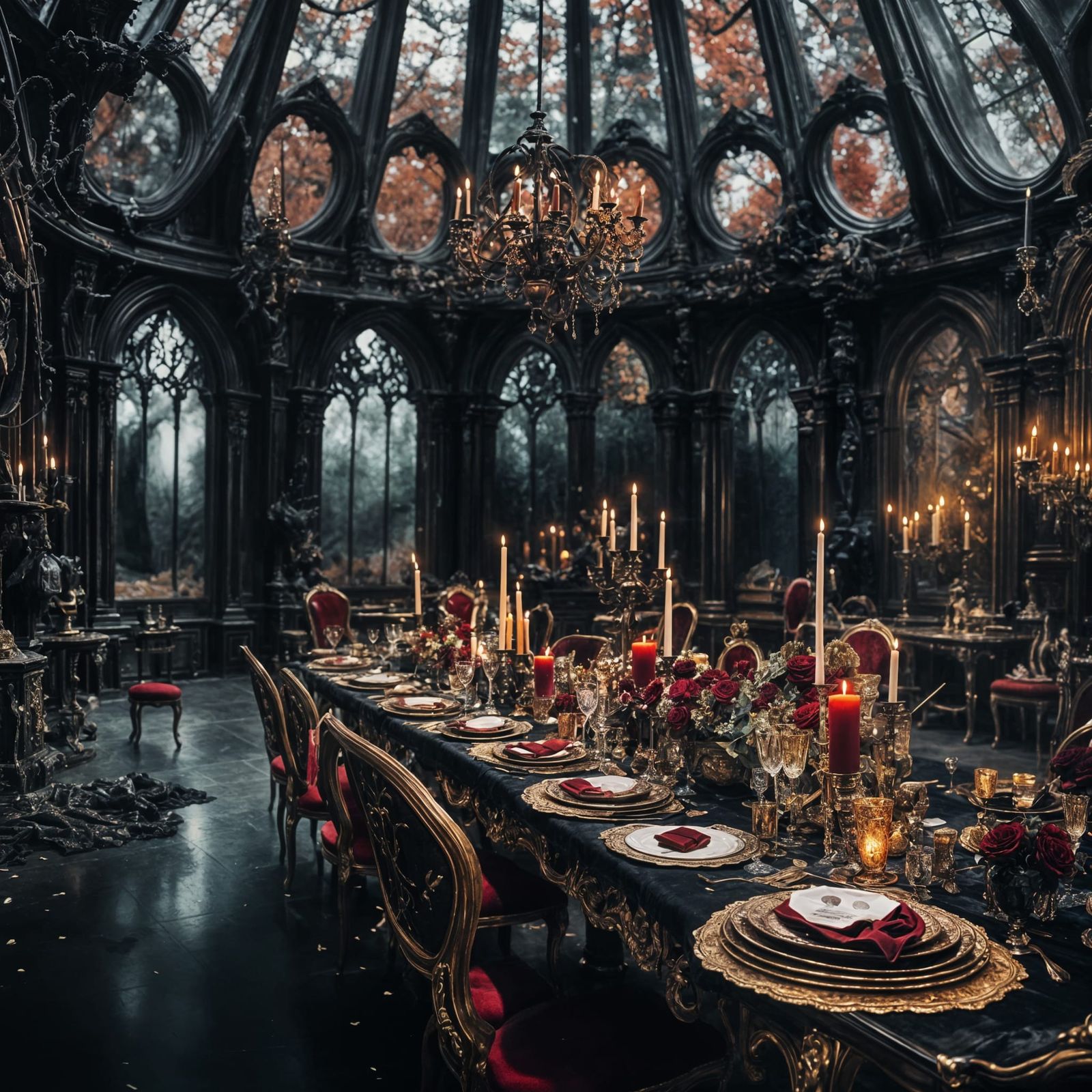 Detailed Gothic Mansion Interior in Red and Gold