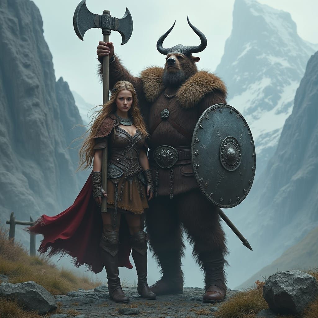 Viking Warrior in Bear Headdress Raises Axe in Triumph with ...