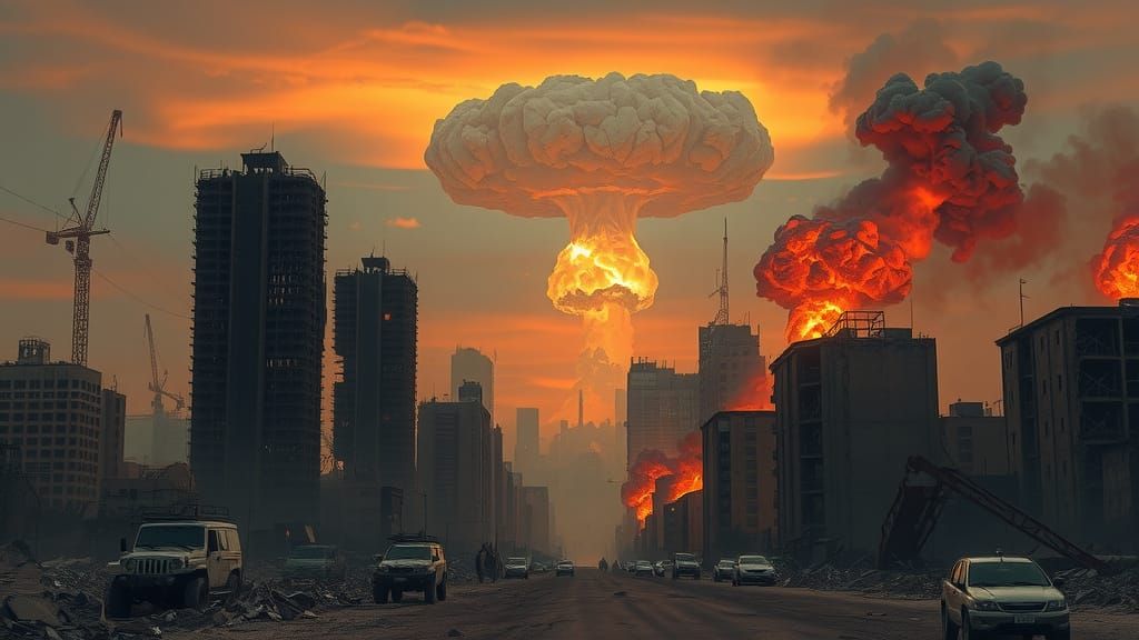 Cinematic Apocalyptic Cityscape with Luminous Mushroom Cloud