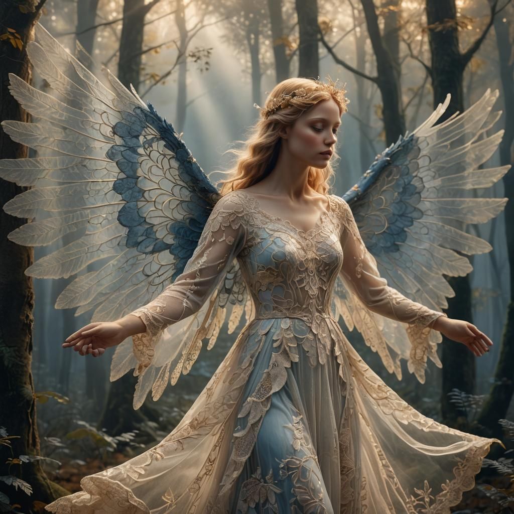 Ethereal Lace Angel in Misty Forest