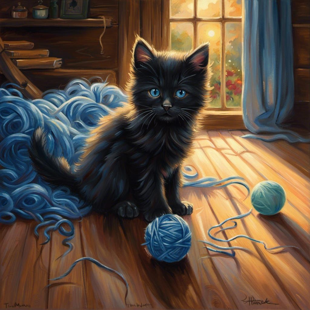Black Kitten Plays with Yarn: Acrylic Painting