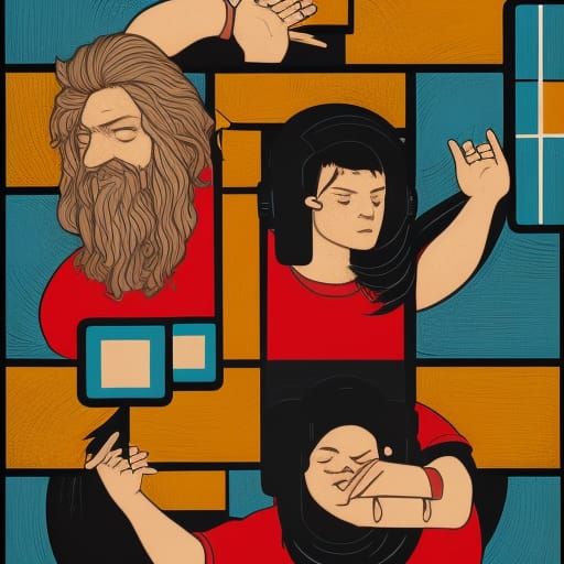 Meditators in a Tetris Arcade: Linocut Style