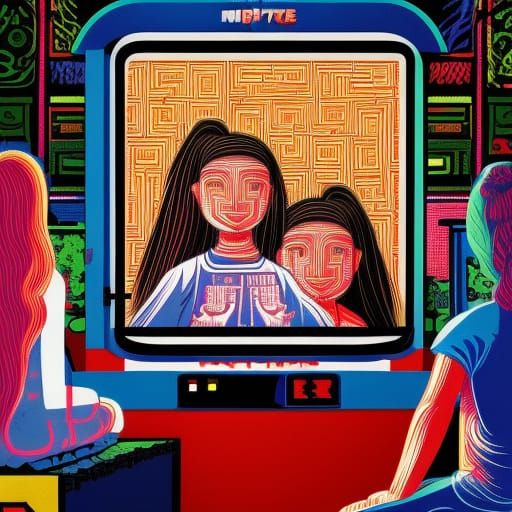 Meditators in Tetris Arcade Machine, Linocut Style