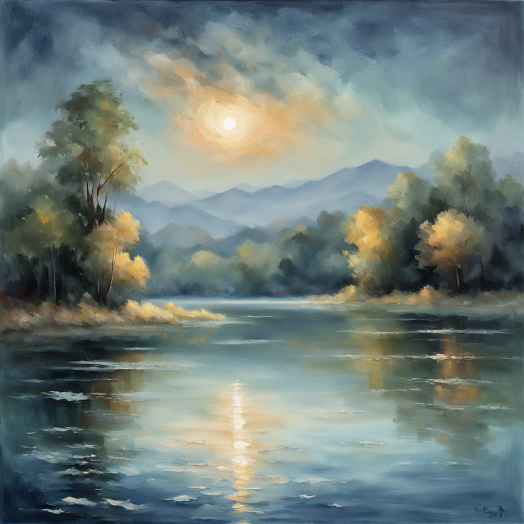 Moonlit Lake in Impressionist Style with Soft Brushstrokes