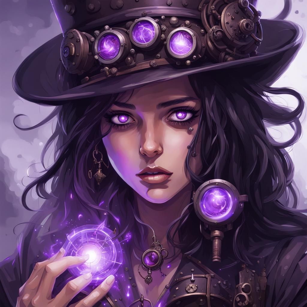 Rageful Girl Mage Casting Dark Spell with Steampunk Engine