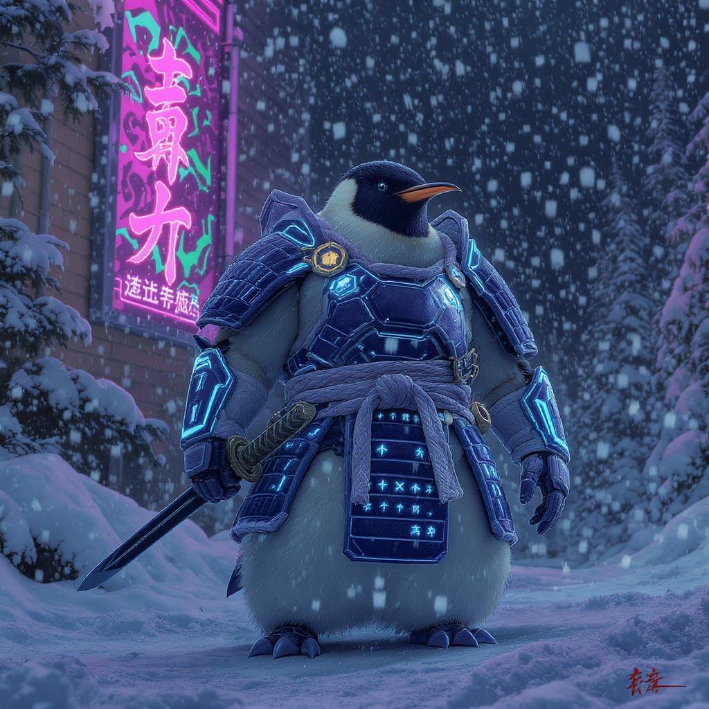 Cyberpunk Samurai Penguin Warrior on Snowy Battlefield
