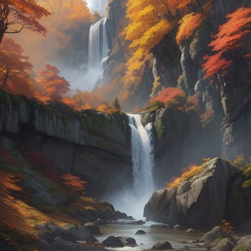 Majestic Autumn Waterfall in Golden Hour Lighting