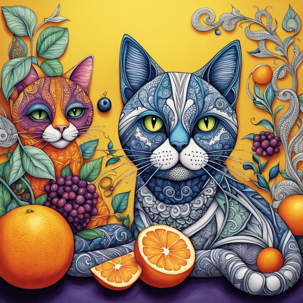 Vibrant Fruity Cats on a Sunny Table