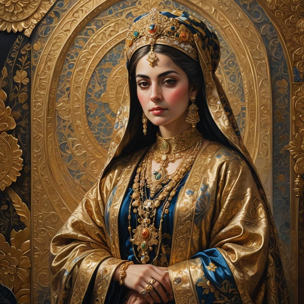 Empress Soraya: Baroque Oil Painting with Middle Eastern Fla...