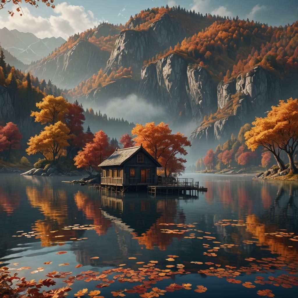 Autumn Boathouse on Lake: Detailed Matte Painting