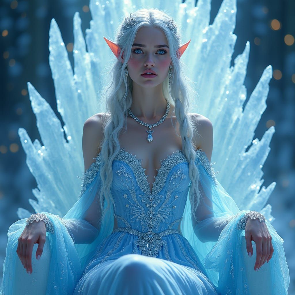 Regal Elven Queen in Starlight Silk, Serene on Crystal Thron...