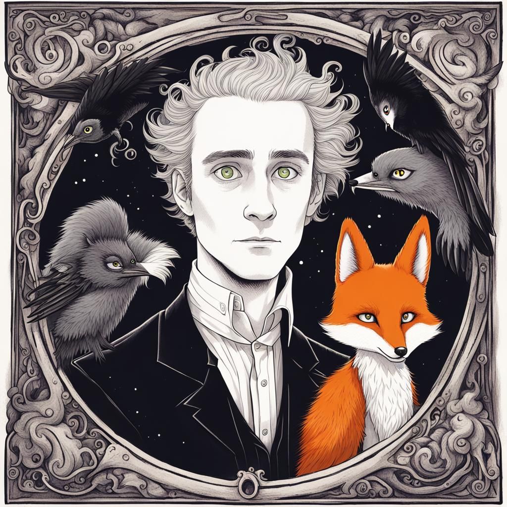 Cartoon Fox-Man with Raven in Burton Style