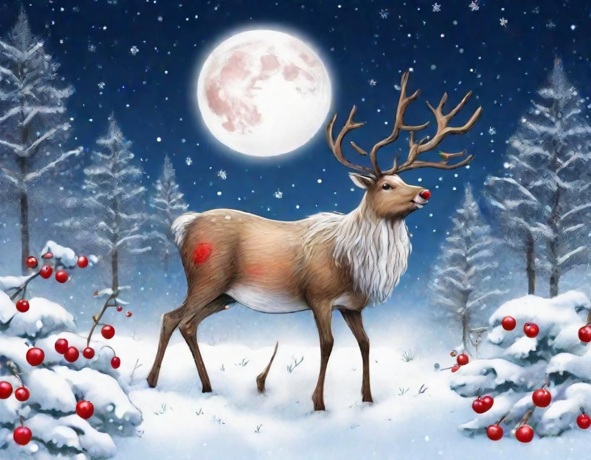 Santa and Red-Nosed Reindeer in Moonlight Snow