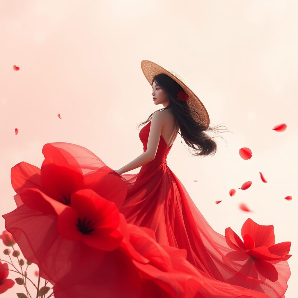Elegant Woman in Red Sky Dress: 3D Anime Art