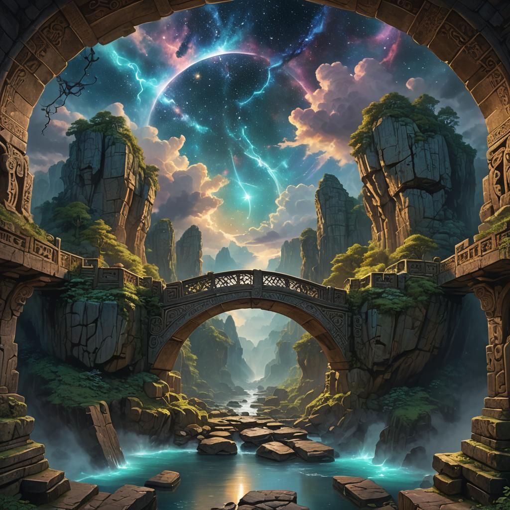 Stone Bridge to Shimmering Portal with Celestial Clouds