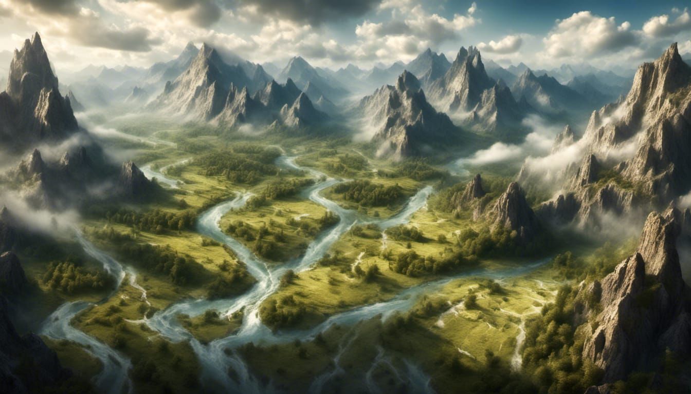 Isometric Landscape with River and Mountains in 8K