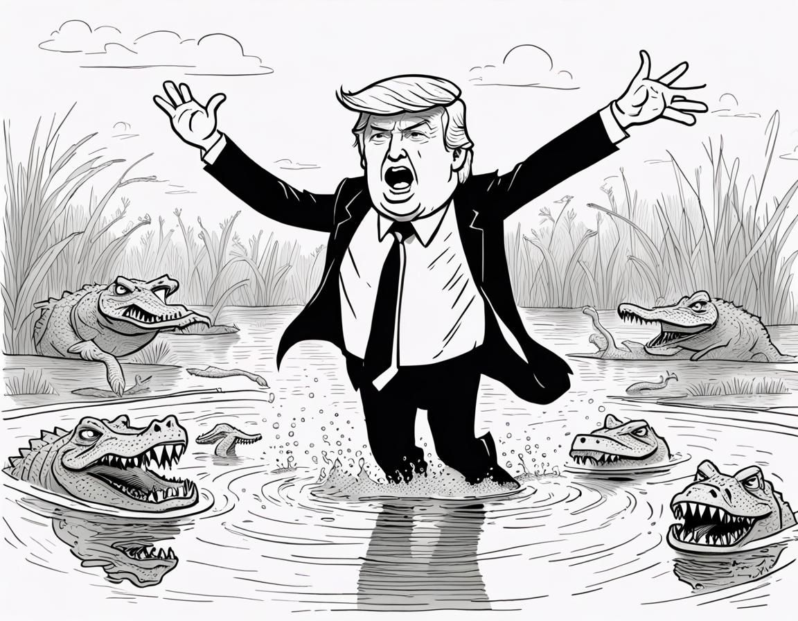 Trump Leaps into Alligator Pond: Black Line Art