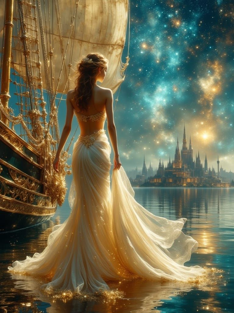 Ethereal Woman Gazing at Atlantis in Art Nouveau Style