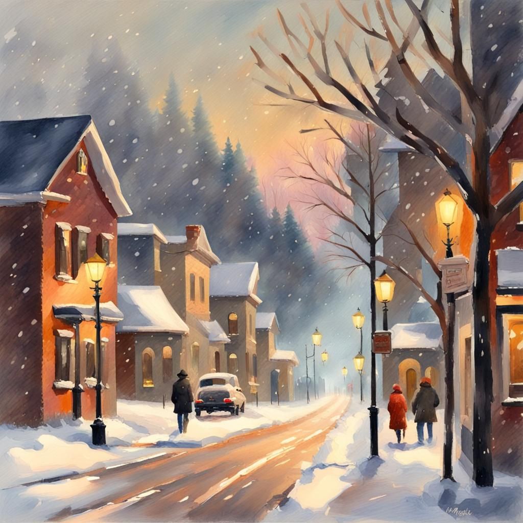 a wintery scene of a small town main street, it is snowing o...