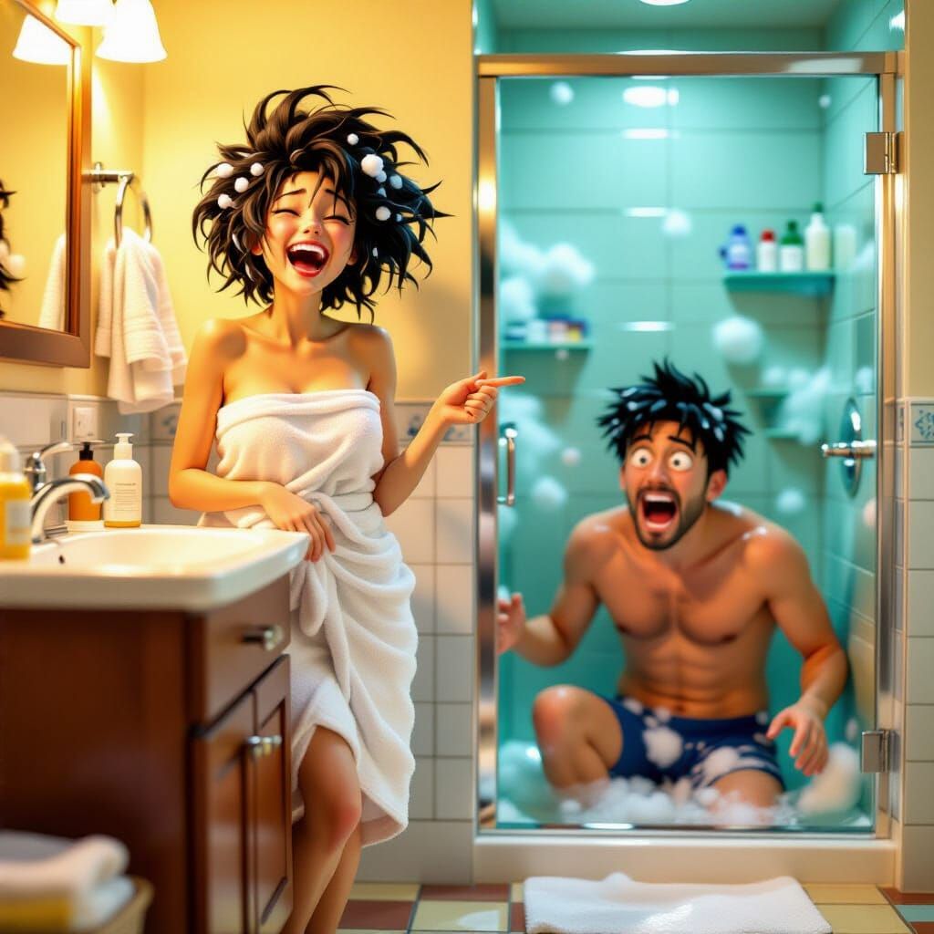 Humorous Bathroom Scene in Hyperrealistic Anime Style
