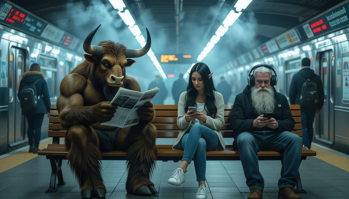 Minotaur and Elf in Gritty Subway Station