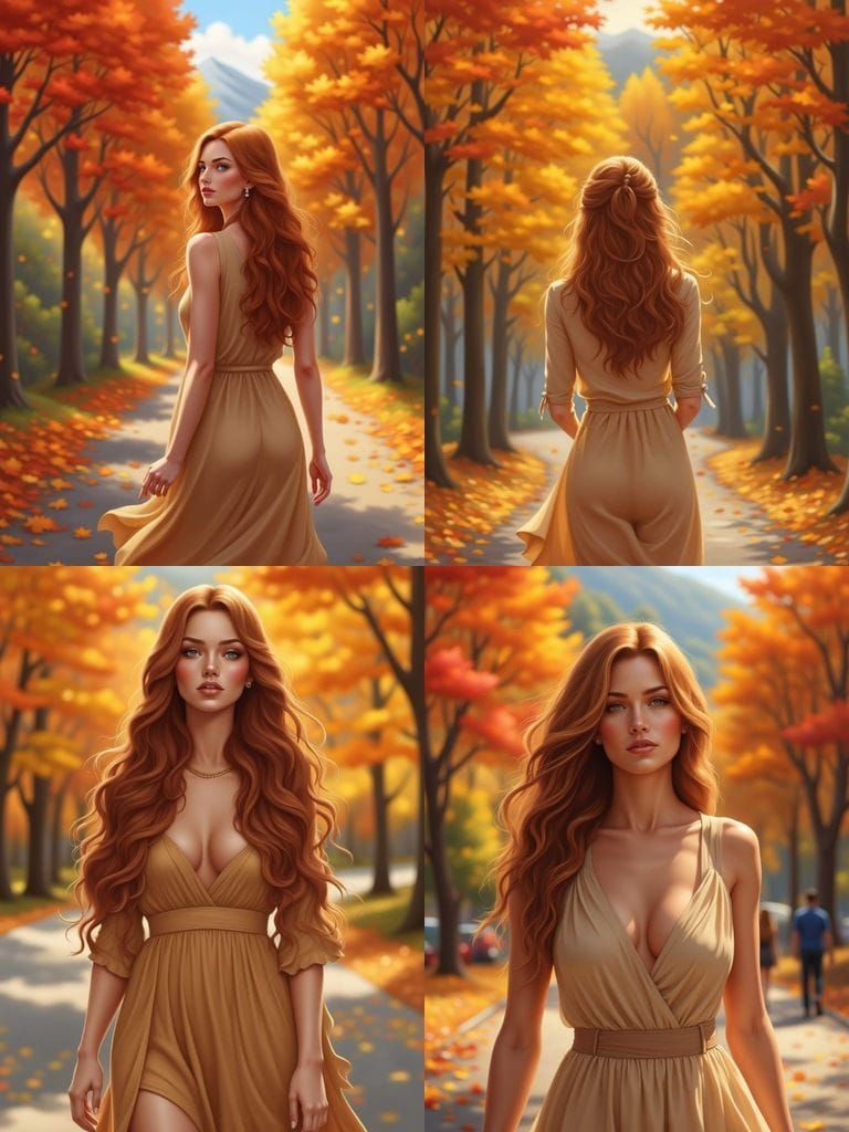 Realistic Auburn Haired Woman in Autumn Street Scene