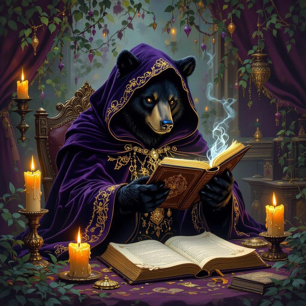 Mystical Black Bear Fortune Teller in Regal Setting