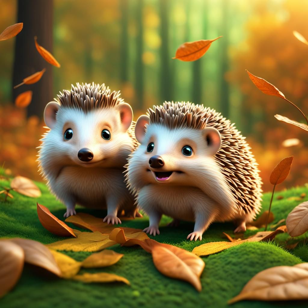 Cute Baby Hedgehogs in Autumn Leaves: 3D Digital Art