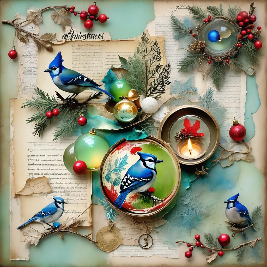 Christmas Collage with Blue Jays in Mixed Media
