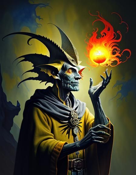 yellow jester juggler with psilocybe head throwing juggling 3 orange fireballs, 3D fractal/mendelbrot, pale complementar...