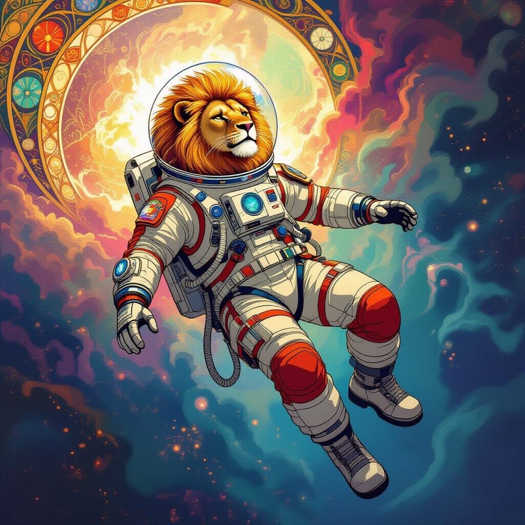 Lion Astronaut Floats Through Nebula in Art Nouveau Style