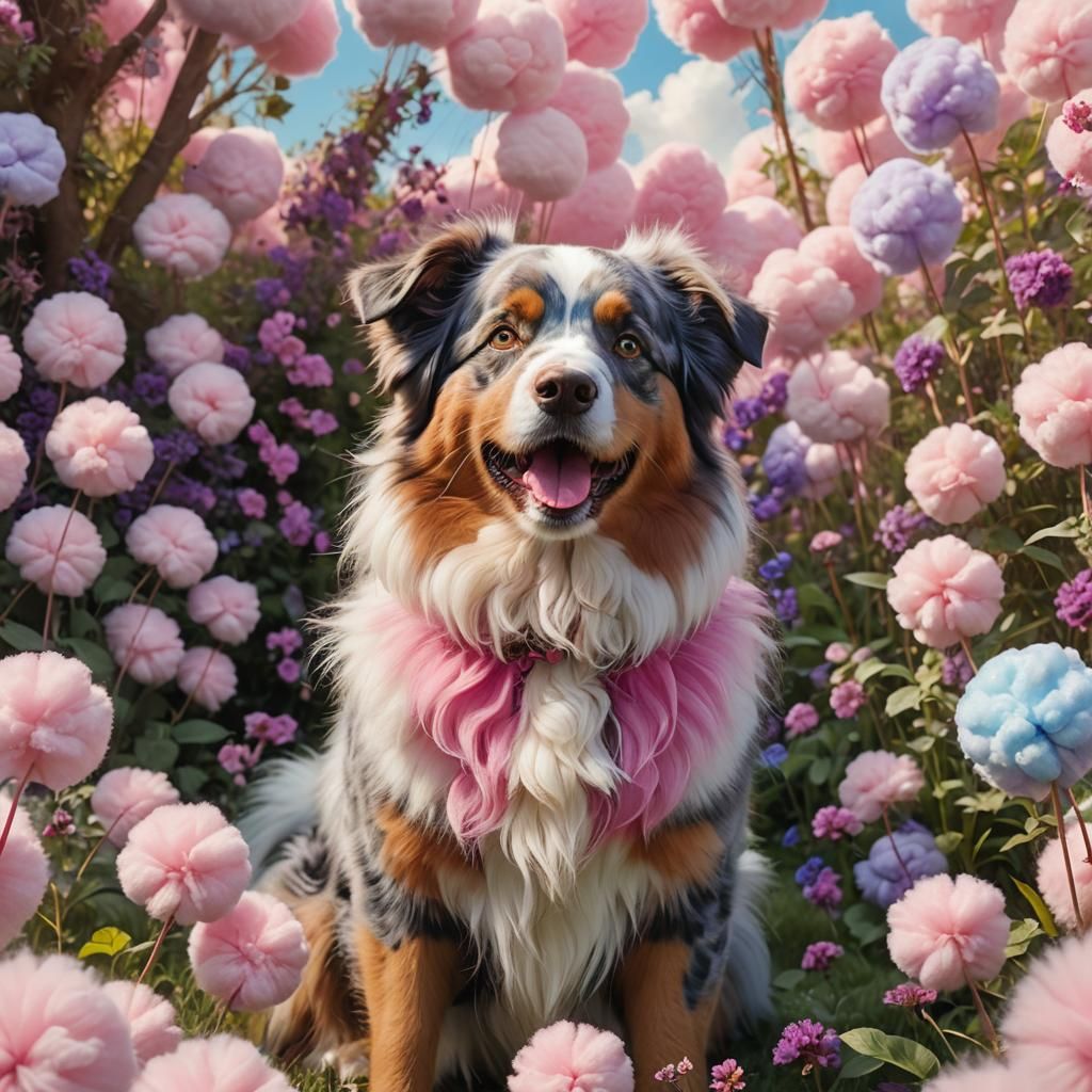 Pink Australian Shepherd in a Cotton Candy Garden