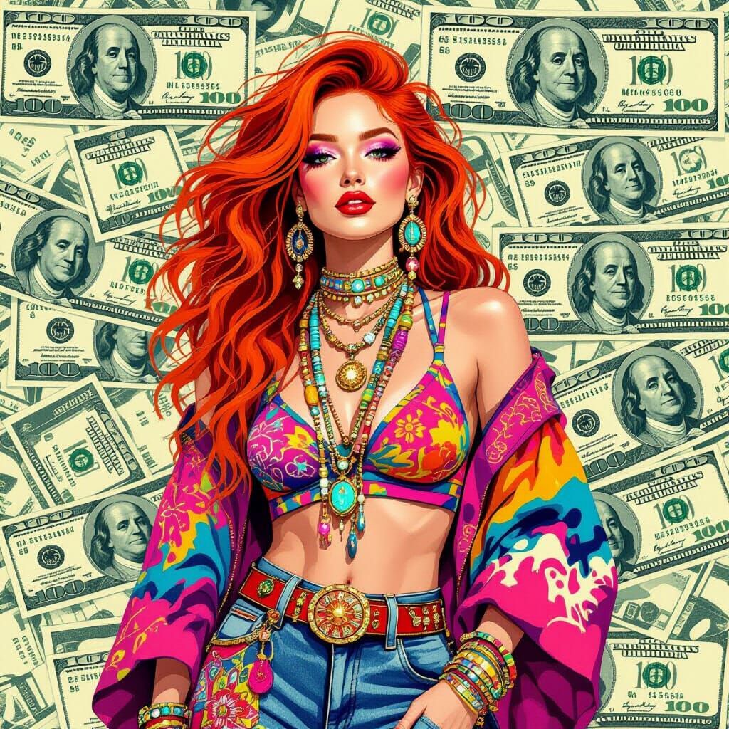 Boho Fashion Woman Amidst US Dollars in Pop Art Style